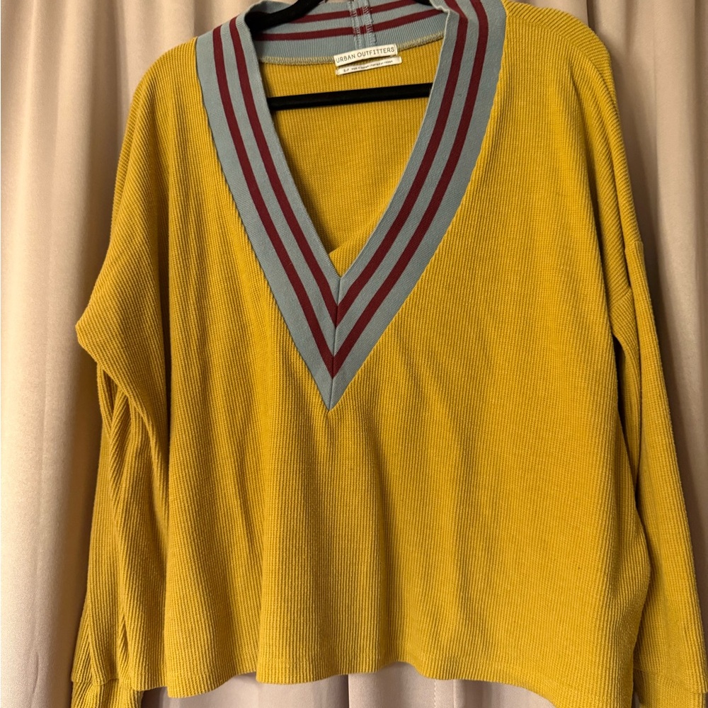 Urban Outfitters Mustard V-Neck Sweater with Striped Trim
